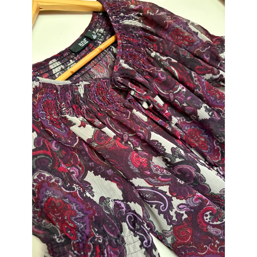 ANA A New Approach Purple Paisley Smocked Chiffon Blouse Top Medium Boho Paisley - Picture 2 of 8